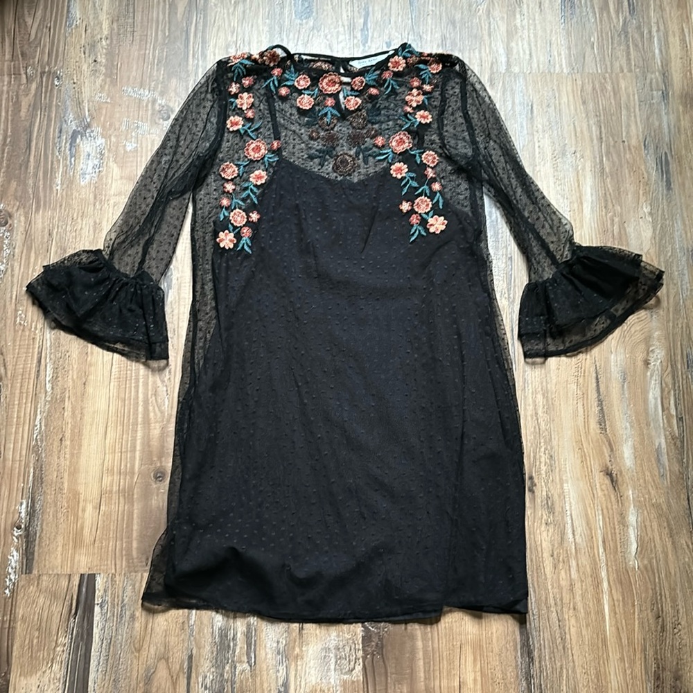 Zara Black Sheer Floral Embroidered Dress - Picture 2 of 7
